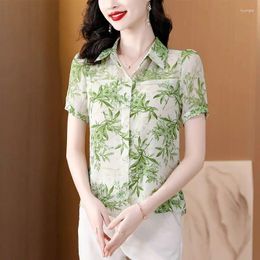 Women's Blouses 2024 Summer Retro Loose Casual Office Lady Chinese Style Shirt Printed Bamboo Button V Neck Short Sleeve Y2K Tops