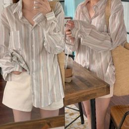 Women's Blouses Sun Protection Pink Striped Blouse Classic Long Sleeve Turn-down Collar Tunic Tops Spring Summer Figure Flattering Women