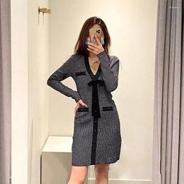Casual Dresses 2024 Women's Bird Lattice Dress French Brand Bow Knitted Elegant Party