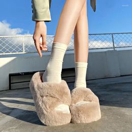 Slippers Flully Slipper 2024 Winter Home Cotton Shoes Women Solid Casual Med Indoor Outside Korean Style Chunky Platform 7cm