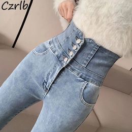 Women's Jeans Light Blue Women High Waist Skinny Stretchy Pencil All-match Full Length Autumn Winter Causal Pockets Ulzzang Female