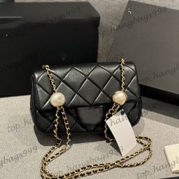 Womens Luxury Double Pearls Adjustable Chain Shoulder Bags Classic Mini Flap Quilted Diamond Lattice Black White Outdoor Purse 20X13CM Card Holder Makeup Pouch
