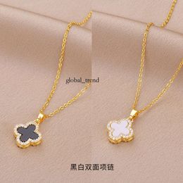 Four Leaf Clover Black and White Dual Colour Full Diamond Necklace for Women in 2024, New Trendy and Fashionable Collarbone Chain Titanium Steel Necklace 742