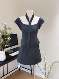 Work Dresses High Quality Outfits 2 Piece Skirt Set Gyaru Square Collar Tops Cosy Grey Hight Waist A-Line Workplace Formal Occasion