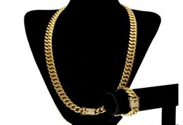 Stainless Steel 24K Solid Gold Electroplate Casting Clasp WDiamond Cuban Link Necklace Bracelet For Men Curb Chains Jewelry Set1454493