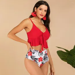 Women's Swimwear Women Padded Ruffled Hem Bra High Waist Floral Print Briefs Bikini Swimsuit Bandeau Bathing Suit