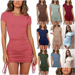 Basic & Casual Dresses Cotton Ruched Dstring Y Party Dress Women Short Sleeve Elastic Mini Vintage Bodycon Club Wear Vestidos Drop De Dhqpx