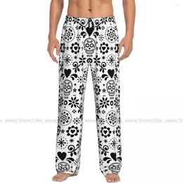 Men's Sleepwear Mens Casual Pyjama Long Pant Loose Elastic Waistband Sugar Skull Black And White Print Cosy Home Lounge Pants