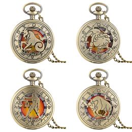 Pocket Vintage Watch Twee Constellations Zodiac Men Women Analogue Quartz Watches with Necklace Chain Birthday Gifts Reloj De Bolsillo es