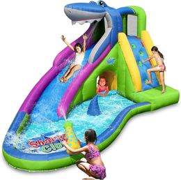 ACTION AIR Inflatable Water Slide Shark Bounce House with Slide for Wet and Dry Playground Sets for Kids Backyard Water Spray 240403