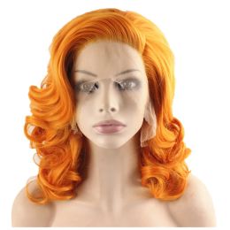 Wigs 16inch Medium Long Wavy Heat Resistant Fibre Orange Lace Front Wig