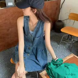 Basic Casual Dresses Biyaby Sleeveless Strap Dress Women 2024 Summer Single-Breasted Pockets Denim Dresses Woman Korean Style Loose A Line Mini Dress