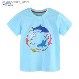 T-shirts Little Maven 2024 New Design Boys T-shirt Cartoon Ocean Shark Childrens Clothing T-shirt Cotton Baby Boys Top T-shirt Q240418