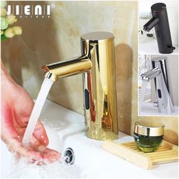 Bathroom Sink Faucets JIENI Golden Plated Solid Brass Automatic Sensor Free Touch Chrome Polish Basin Faucet Water Mixer Tap