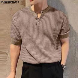 Men's T Shirts INCERUN Tops 2024 Handsome Men Simple Small V-neck T-shirts Fashion Well Fitting Male Striped Solid Short Sleeved Camiseta