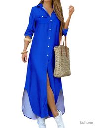 Basic Casual Dresses Fashion Long Sleeve Shirt Dress Turndown Neck Maxi Dress Spring Women Elegant Loose Vestidos Simple Casual Skirt