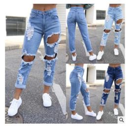 Women's Jeans 2024 Spring Summer Ladies Mid-Waist Fashion Multi-Hole For Women With Pocket Skinny Trousers Waist-Tight
