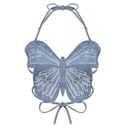 Y2K Butterfly Jeans Crop Top Backless Strap Sexy Blue Cute Party Sweats Women Beach Holiday Mini Vest Summer Tee Korean Fashion 240412