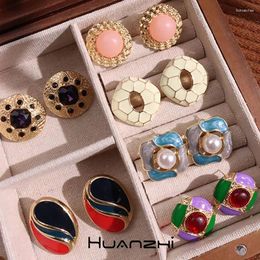 Stud Earrings Colorful Dripping Glaze Metal Irregular Hollow Out Pink Resin Stone Pearl For Women Girl Vintage Jewelry HUANZHI 2024