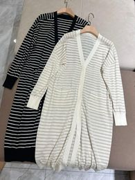 Women's Knits Women 2024 Spring And Summer Pinstripe V-neck Silk Linen Mid-Length Sunscreen Knitted Cardigan