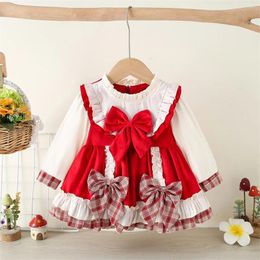 Girl Dresses Lolita Long Sleeve Dress Spring And Autumn Sweet Plaid Bow Lace Decoration Splice Ladies Princess Uniform Skirt