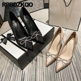 Dress Shoes Pumps Bowtie Small Size High Heels Bridal 43 Ultra Pointed Toe 33 Satin Women Plus Slip On Stiletto Rhinestone Silk Metal