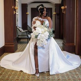 2024 Mermaid Wedding Dresses Bridal Gowns with Detachable Train One Shoulder Long Sleeves Illusion Beaded Crystal Lace Side Split Wedding Gowns For Black Women D221