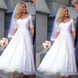 Vintage Short Sleeves Wedding Dresses Tea Length Lace Applique Sweetheart Neckline Plus Size Wedding Bridal Gown