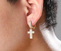 iced out mini hoop cross dangle earrings men women hip hop luxury designer bling diamond christian dangling earring lover hoops hu2464466