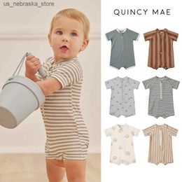 One-Pieces Kids Swimwear 24 New Quincy Mae Summer Baby Boys Girls Baby Short Sleeves Quick Dry Print One piece Swimwear (pre-sale in April) Q240418