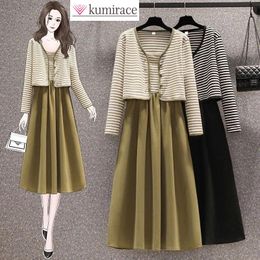 Work Dresses Women's Set 2024 Spring And Autumn Season Fashion Slim Striped Cardigan With Hanging Strap Dress Two Piece