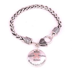 Breast Cancer Awareness Pink Ribbon Sisters Friends Daughters Mothers We Are In This Together Charm Wheat Link Leather Chain Brace9910851