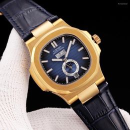 Wristwatches Luxury Mens Watch Rose Gold Mechanical Automatic Black Blue Leather Moon Phase Calendar Sport Watches