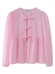 Women's Blouses 2024 Girls Summer O-Neck Bow Lace Up Pink Loose Blouse Chic Lady Long Puff Sleeve Spring Casual Tops