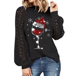 Women's T Shirts Xmas Women Wine Glass Christmas Hat Black Long Sleeve Shirt Casual Lace Crochet Top T-Shirt Harajuku Fashion Tops