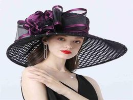 16cm Wide Women Brim Flower Mesh Sun Hat Lady Bow Summer Beach Church Derby Dress Fascinator Bridal Party Wedding 2106086457282