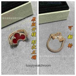 High End Jewellery rings for vancleff womens New Clover Ring for Women Double sided CNC Laser Red Chalcedony Flippable Ring Fashion Jewellery Original 1:1 With Real Logo