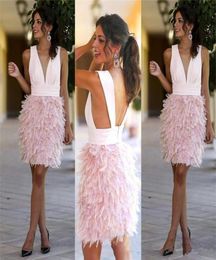 Sexy Plunging V Neck Cocktail Dresses 2019 New Backless Feathers ShortMini Homecoming Party Formal Gowns3700042