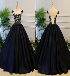 2023 Sexy Black Satin Quinceanera Dresses Long Cheap Jewel Sheer Neck Applique Lace Ruched Sequin Sweet 16 Dresses For Girls Prom 9594064