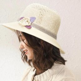 Wide Brim Hats Pearl Flower Women Sun Bucket Cap For Ladies Summer Beach Seaside Foldable Hollow Breathable Sunscreen Straw Hat Protection