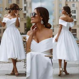 Party Dresses Simple Bohemian Beach A Line Short Prom Off Shoulder Satin Knee Length Plus Size Evening Dress Bridal Gowns