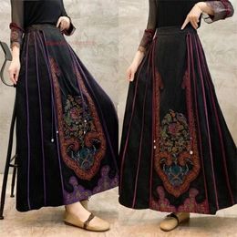 Ethnic Clothing 2024 Traditional Chinese Vintage Long Skirt National Flower Embroidered Jacquard Oriental Folk Elastic Waist A-line