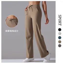 Active Pants Women Waistband Drawstring Wide Leg High Waist Shaping Yoga Leggings Pockets On Both Sides For Sports Wear