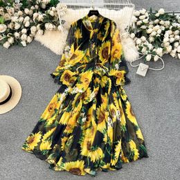 Casual Dresses 2024 Fashion Summer Flower Print Chiffon Maxi Dress Women V Neck Lace Up Belt Flare Sleeve Loose Holiday Beach Long Clothes