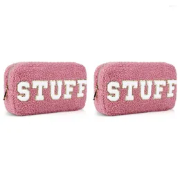 Makeup Brushes Preppy Bag Chenille Letter Plush Cosmetic Travel Toiletry Pouch(Pink)