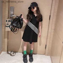 Girl's Dresses 2023 summer new korea teenager Girls Child Outwear sleeve loose polo T-shirt striped Dress Kids soft Clothes 5 7 9 10 12 13 Year Q240418