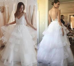 Chic Backless Wedding Dress Sexy Appliques Tiered Ruffle V Neck Country Bridal Gown Custom Made Plus Size6792201