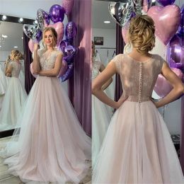 Blush Pink Wedding Dresses Elegant 2024 Newest Short Capped Sleeves Lace Scalloped Bateau Neck Sweep Train Country Wedding Bridal Gown