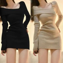 Casual Dresses PULABO Korean Style Mini Knitted One-piece Dress Women Coquette Sexy Long Sleeve Tunic Cabaret Khaki Winter Clothes