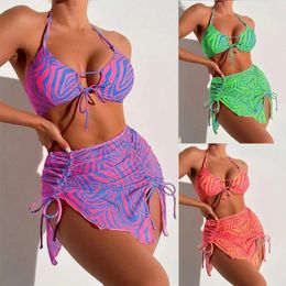 Women's Swimwear Women Hollow Out Swimsuits Fashion Stripe Print Swimwears Female Halters Swimming Suit Girl 3 Pieces Split Bathing